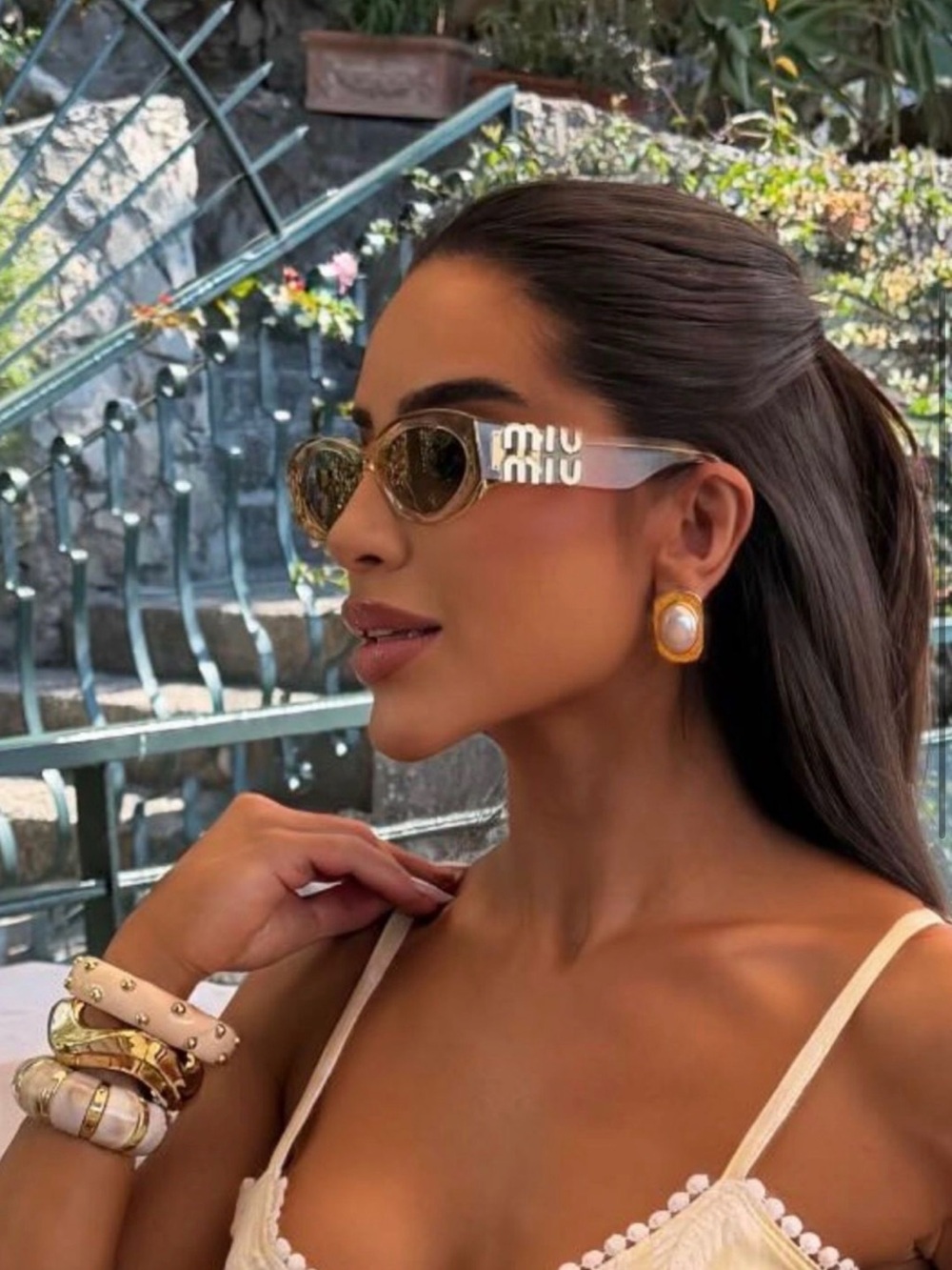 Miu Miu Ivory Logo-Arm Sunglasses with Gold Lenses